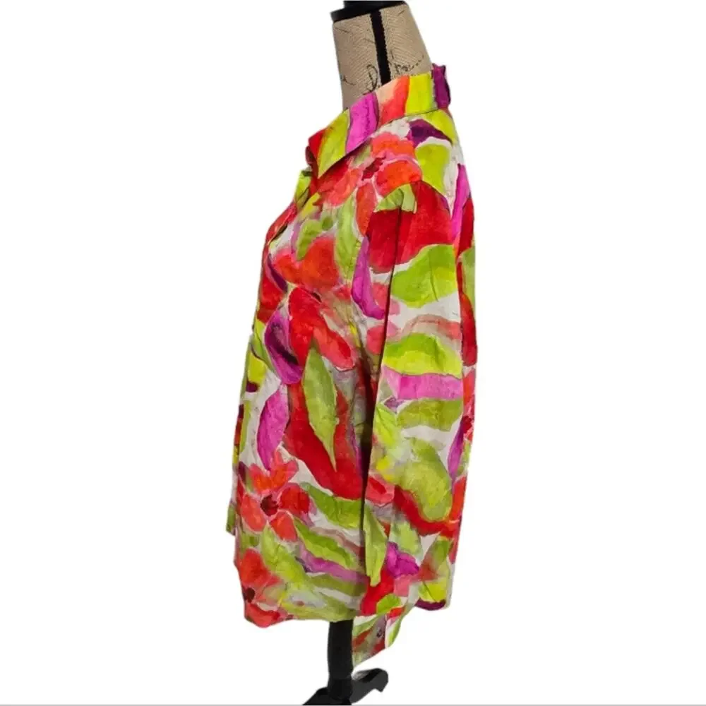 Sunny Leigh Watercolor Floral Linen Blend‎ Button Down Shirt Plus Size 2X New!